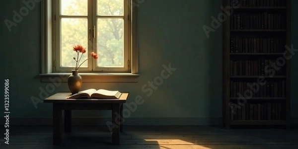 Fototapeta Serene Still Life Sunlight Illuminates an Open Book Beside a Vase of Flowers on a Wooden Table Near a Bookshelf