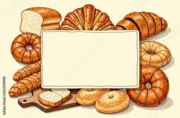 Obraz A hand-drawn illustration of an assortment of bread and pastries, including croissants, bagels, white bread slices, baguette  with a central frame for text