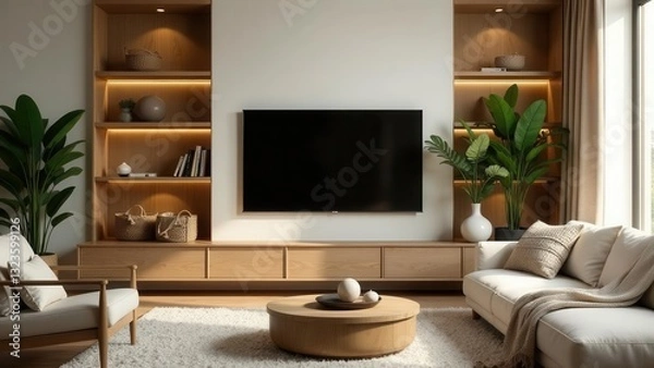 Fototapeta Modern Minimalist Living Room Interior Design with Built-in Shelving and a Flat Screen Television