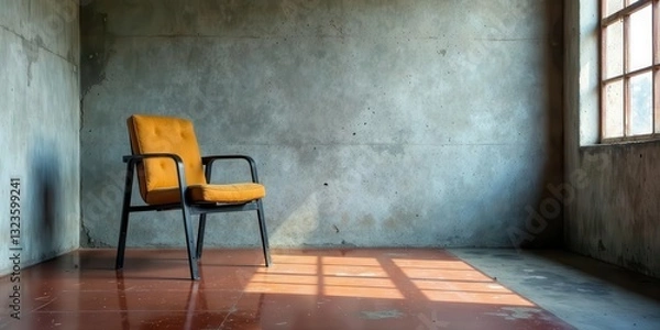 Fototapeta A solitary mustard-colored chair sits in a spacious room with exposed concrete walls and a window, bathed in sunlight creating dramatic shadows on the floor