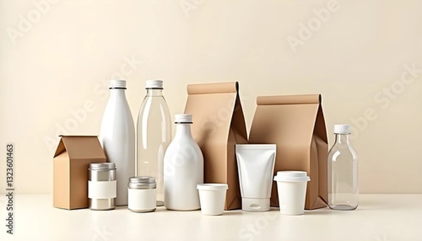 Fototapeta Assorted empty food packaging products for advertising and branding display
