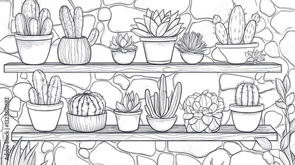 Fototapeta Succulents and cacti on shelves, stone wall background, home decor