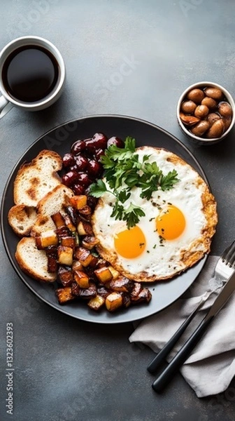 Fototapeta Healthy breakfast with fried egg and beans
