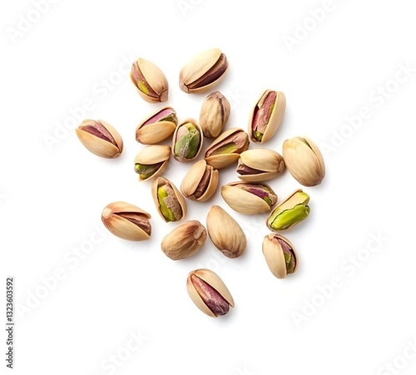 Fototapeta A top view of pistachios falling against a clean white background, showcasing their vibrant green shells and unique shapes in a dynamic, scattered arrangement.