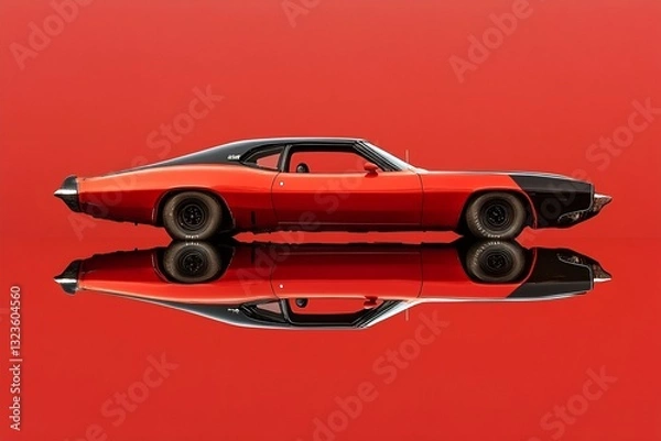 Fototapeta Classic muscle car with a sleek black and green body against a fiery red background, reflected on a smooth surface. The vintage design and bold colors create a striking contrast and nostalgic appeal