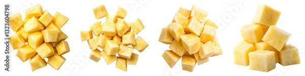 Fototapeta Fresh pineapple chunks isolated on transparency background, vibrant and juicy