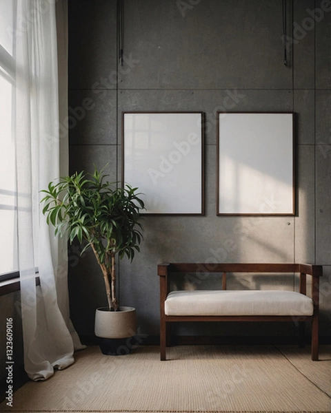 Fototapeta Elegant minimalist Japanese interior with neutral colors blank canvas art on the wall and calming vibes Interior design Wallpaper inspiration