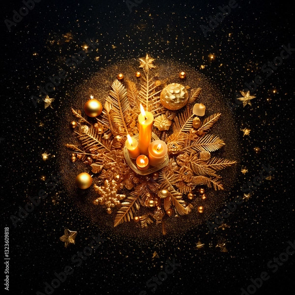 Fototapeta Golden Christmas table decoration on dark  background with many decorative branches, decorations, stars and four candles.