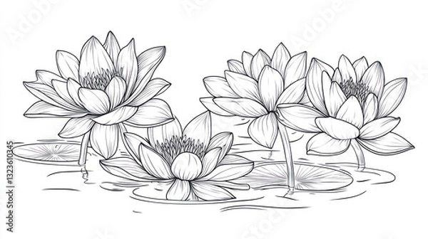 Fototapeta Water lilies blooming serene pond, nature illustration, design element