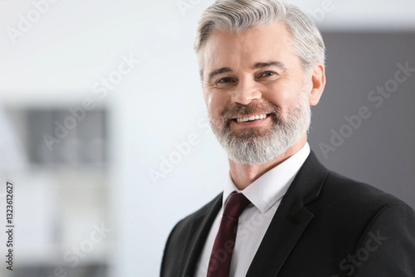 Fototapeta Portrait of happy banker in office, space for text