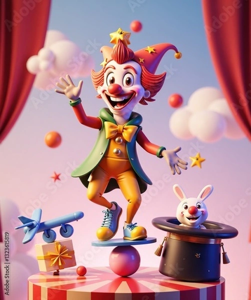 Obraz Colorful clown with red hair in star - adorned hat, yellow bow tie, standing on ball and skateboard. Surrounded by magic hat rabbit, toy plane, gift box, red curtains for April Fools' Day and carnival