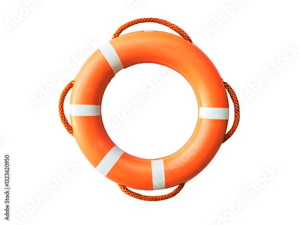 Obraz Bright orange life preserver ring with white stripes and orange ropes, symbolizing safety and rescue in water. Ideal for maritime settings and emergency preparedness