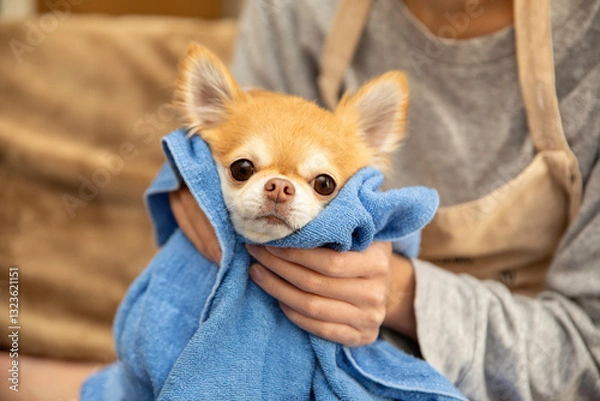 Fototapeta シャンプー後に身体を乾かすチワワ