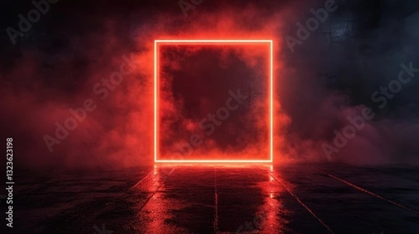 Fototapeta Red neon square portal illuminating dark room with smoke and wet floor