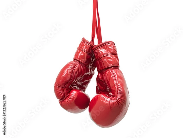Fototapeta pair of red boxing gloves hanging in mid air, showcasing their shiny texture and vibrant color. Perfect for sports enthusiasts and boxing fans