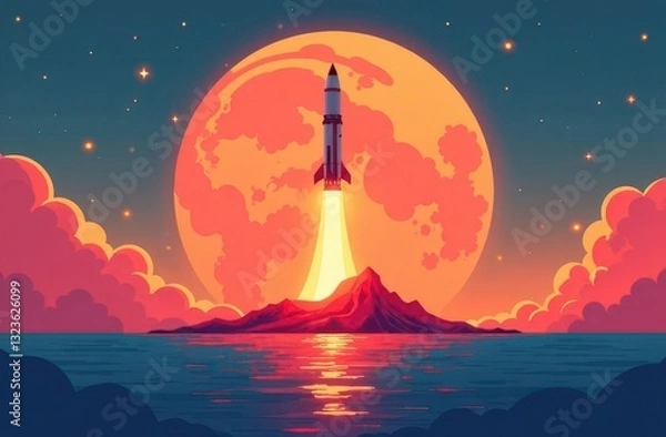 Fototapeta Military missiles launch over ocean towards impending target at dusk