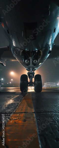 Fototapeta Close-up view of airplane landing gear at night on wet runway, with blurred lights in background.