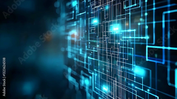 Fototapeta Abstract Blue Digital Network Background With Illuminated Circuit Lines and Glowing Dots Against Dark Backdrop