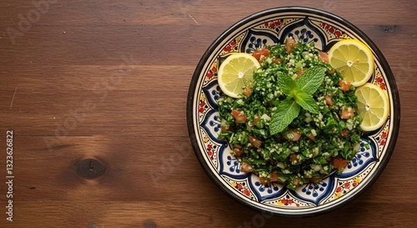 Obraz Serving of Tabbouleh Salad Garnished with Lemon and Mint Leaves