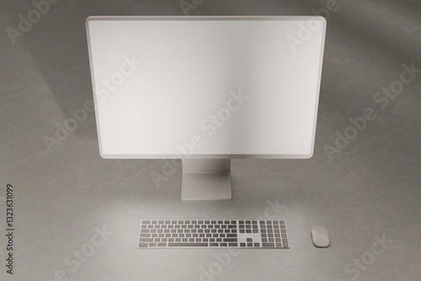 Fototapeta Mockup iMac desktop computer on grey studio floor hit with sunlight. 