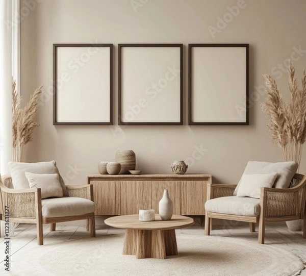 Fototapeta Minimalist Beige Living Room Interior with Wooden Furniture and Dried Plants