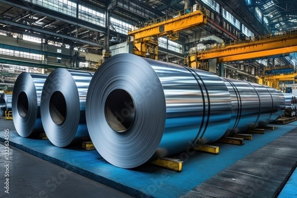 Fototapeta Large rolls of shiny steel in a factory. Illustrates industrial metal production and manufacturing.