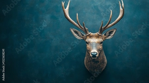Fototapeta Deer Head with Antlers on Dark Blue Background, Naturalistic Wall Sculpture, Copy Space