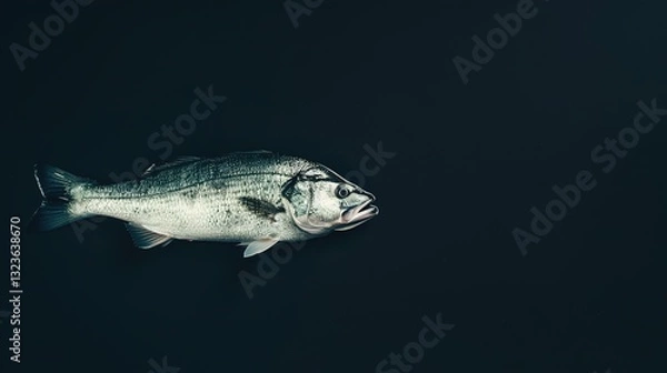 Fototapeta One Fresh Sea Bass Fish Isolated on a Black Background, Showcasing Its Sleek Body and Shiny Scales, Perfect for Seafood Photography