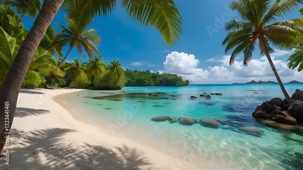 Fototapeta  A breathtaking tropical beach with turquoise waters, white sand, and lush palm trees under a bright blue sky. The perfect vacation getaway, evoking feelings of relaxation, adventure.