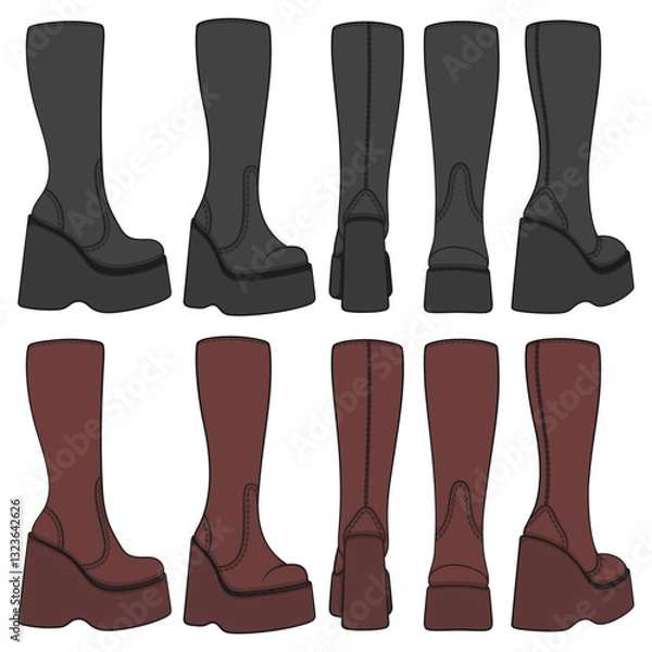 Obraz Set of colored retro platform boots. Isolated vector objects on white background.