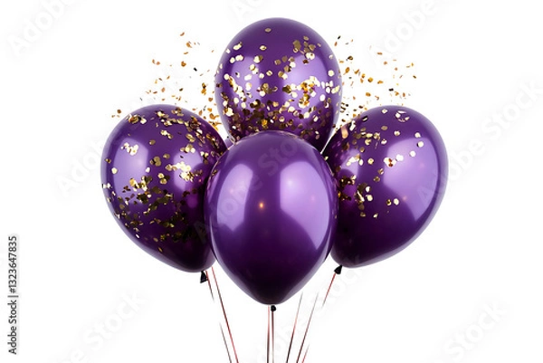 Fototapeta Purple balloons adorned with golden glitter confetti, floating gracefully, isolated on a transparent background in PNG format.
