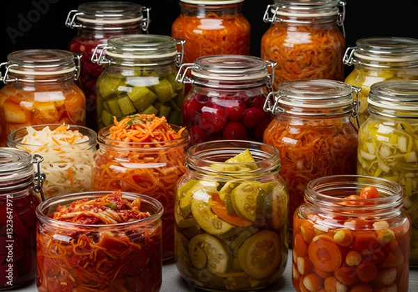 Fototapeta A vibrant collection of assorted fermented foods displayed in clear glass jars, featuring a colorful array of textures and hues from vegetables and fruits, symbolizing healthy probiotic rich cuisine,p