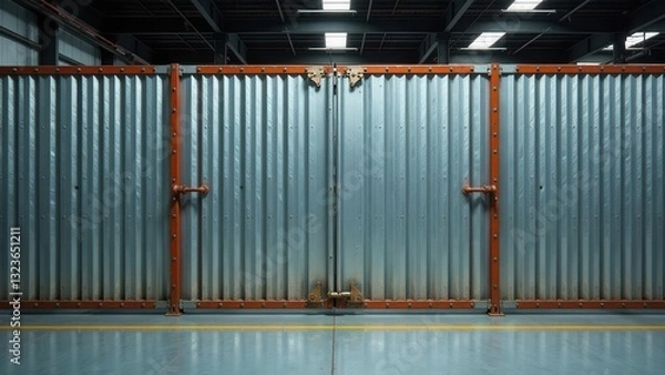 Fototapeta Industrial corrugated metal gate with rusty accents and orange frame in a large warehouse