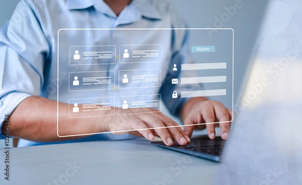 Fototapeta Users fill out online survey information with online registration form, register new users, fill out the application form with personal information to create an account on the website.