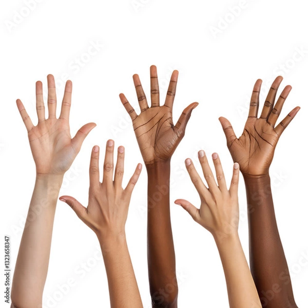 Fototapeta Diverse hands raised in the air on a transparent background