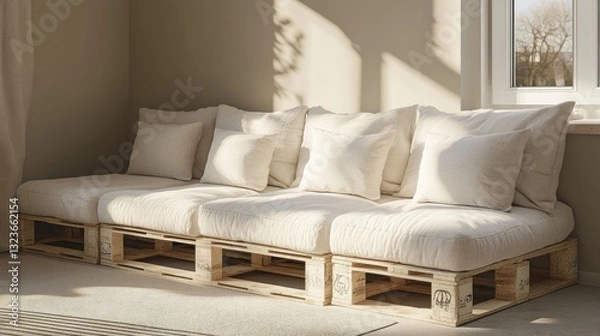 Fototapeta A modern pallet sofa with thick cushions in a neutral-toned room.
