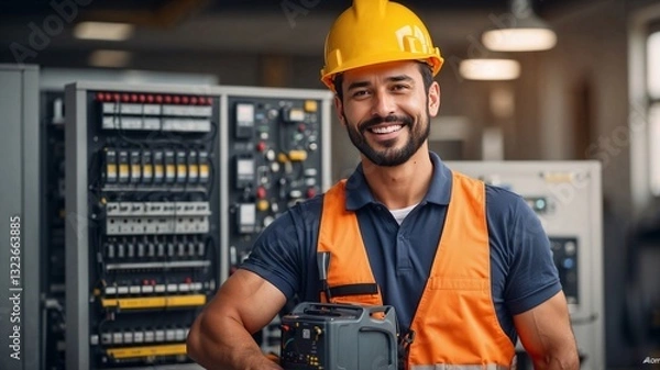 Fototapeta Male electrical engineer with hard hat and reflective vest in a server room with electrical panels.