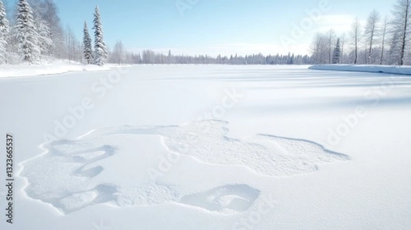 Fototapeta Pristine snowy landscape with clear blue sky, featuring untouched snowfields and sparse winter trees.