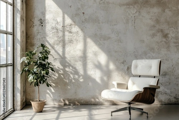 Fototapeta Sunlit room with chair, plant, and textured wall.