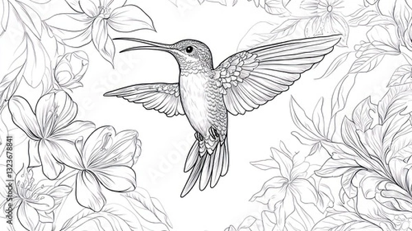 Fototapeta Hummingbird hovering amidst blossoms, floral background, nature illustration, design element
