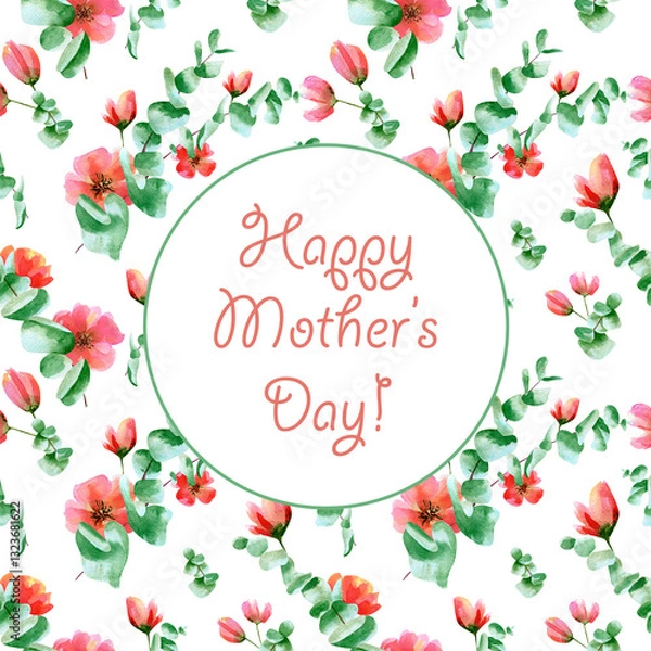 Obraz Mothers day greeting card. Watercolor square gift card with eucalyptus leaves and pink rose flowers pattern illustration on background for mothers day gift
