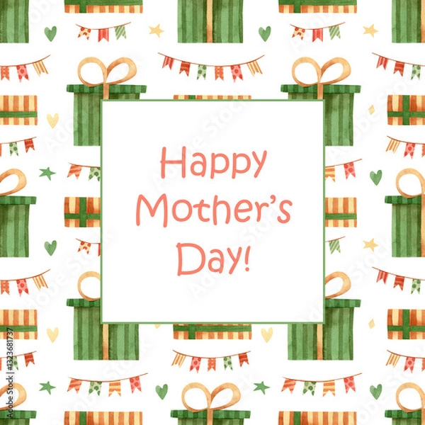 Obraz Mothers day greeting card. Watercolor square gift card with gift boxes and flag garlands illustration for mothers day gift