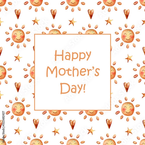 Obraz Mothers day greeting card. Watercolor square gift card with suns and hearts cute ornament illustration for mothers day gift