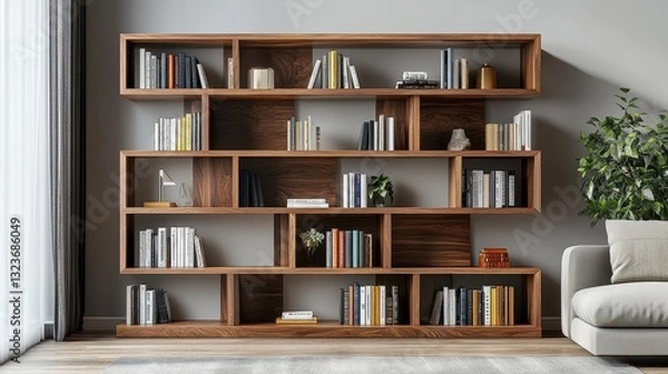 Fototapeta A sleek, handcrafted wooden bookshelf, its multiple shelves meticulously arranged in a timeless design, seamlessly blends into both modern and traditional interiors, offering a perfect solution for