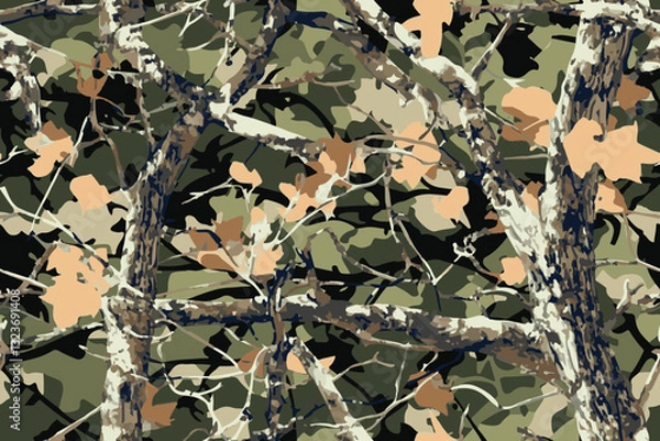 Obraz Hunting camouflage modern pattern, vector military print. real tree forest camouflage seamless pattern. Abstract grunge hunting camouflage background. 