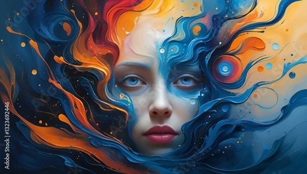 Fototapeta Fractal beauty's painted eyes reflect a carnival of abstract color