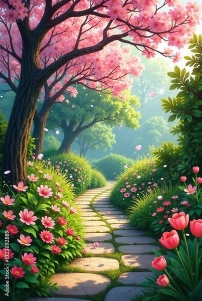 Fototapeta A Serene Garden Path Winding Through Blossoming Trees and Vibrant Flowers Under a Soft Sunlight