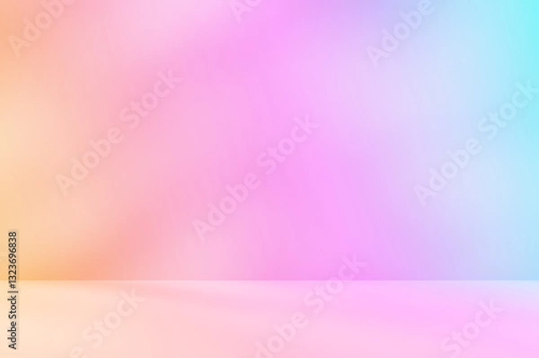 Fototapeta Abstract colourful room studio with pink yellow orange blue colours. Shadow of leaves overlay effect. Product presentation showroom. Minimal mock up blurred backdrop.