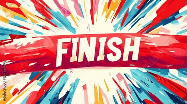 Fototapeta Bright and colorful abstract finish line banner with bold typography, symbolizing victory and achievement.