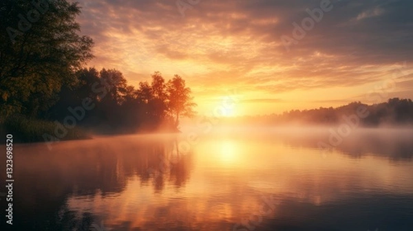 Fototapeta Misty Sunrise Over Calm Lake With Tree Reflections
